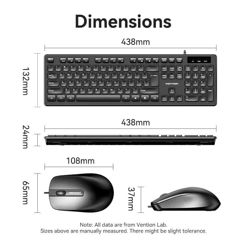 Vention Wired Keyboard and Mouse Set dimensions including keyboard and mouse size measurements and ergonomic design features.