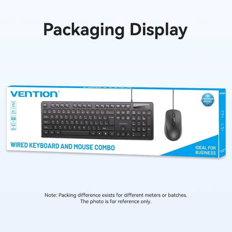 Vention Wired Keyboard and Mouse Set packaging display for corporate gift and business use.
