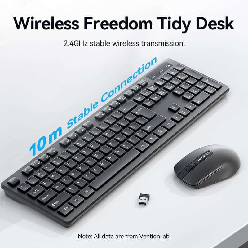 Vention Wireless Keyboard and Mouse Set showing wireless connection features and clean desk setup.
