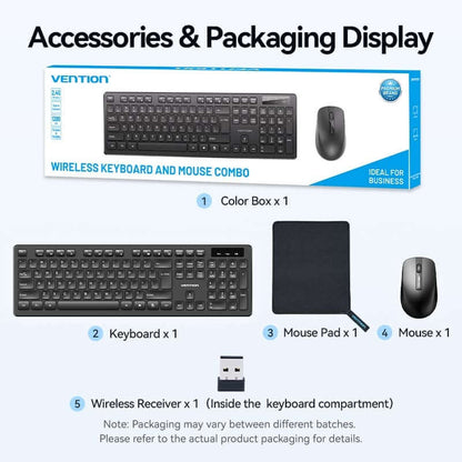 Vention Wireless Keyboard and Mouse Set packaging display, including keyboard, mouse, mouse pad, and accessories.