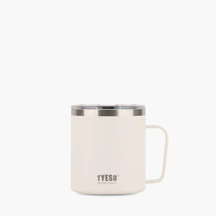 TYESO Coffee Mug 14oz in white with stainless steel lid, ideal for hot and cold beverages, great as a corporate gift.