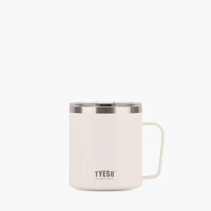 TYESO Coffee Mug 14oz in white with stainless steel lid, ideal for hot and cold beverages, great as a corporate gift.