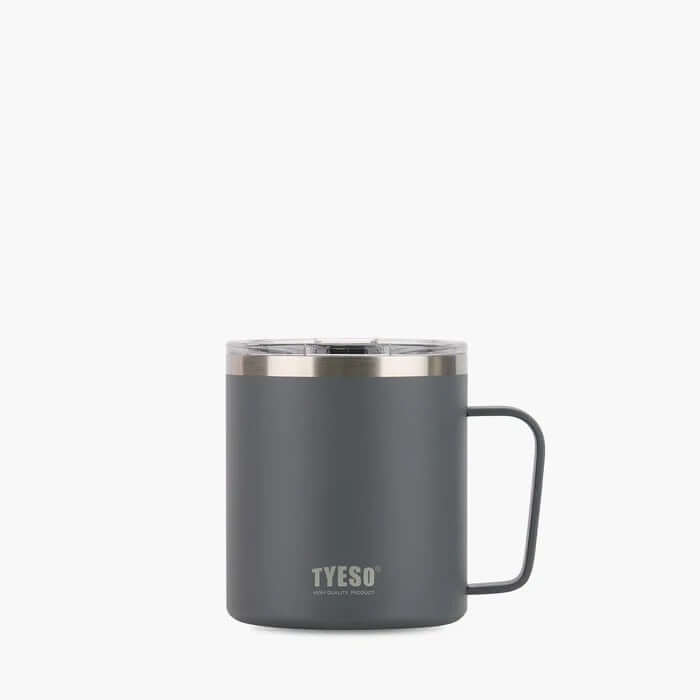 TYESO Coffee Mug 14oz with grey exterior and stainless-steel rim, ideal corporate gift for beverage lovers.