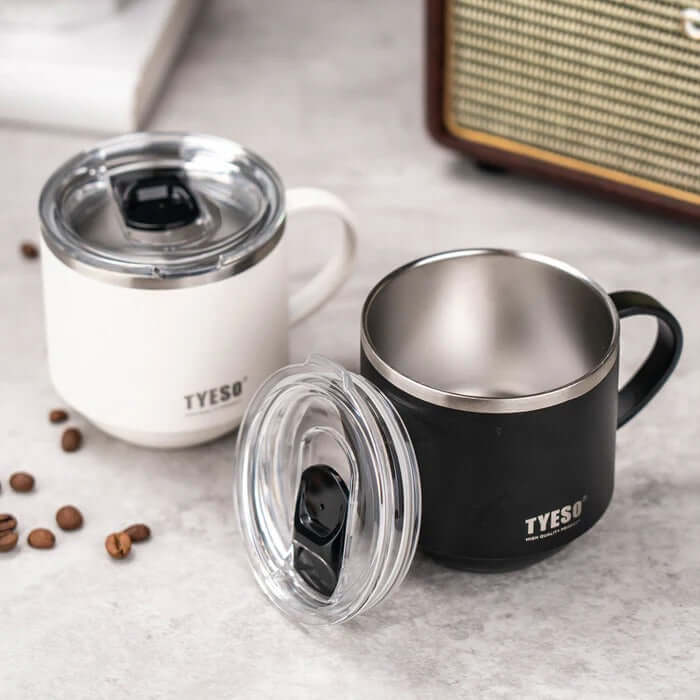 TYESO 11oz Coffee Mug set in white and black with transparent lids, perfect corporate gift for beverage lovers.