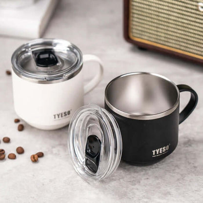 TYESO 11oz Coffee Mug set in white and black with transparent lids, perfect corporate gift for beverage lovers.
