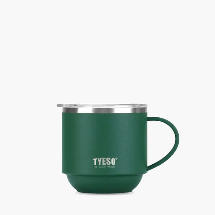 TYESO 11oz Coffee Mug in green with stainless steel lid, perfect for hot and cold beverages, ideal corporate gift.