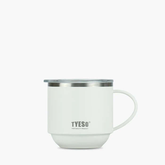 TYESO 11oz Coffee Mug with sliding lid and handle, perfect for hot or cold beverages, ideal corporate gift.