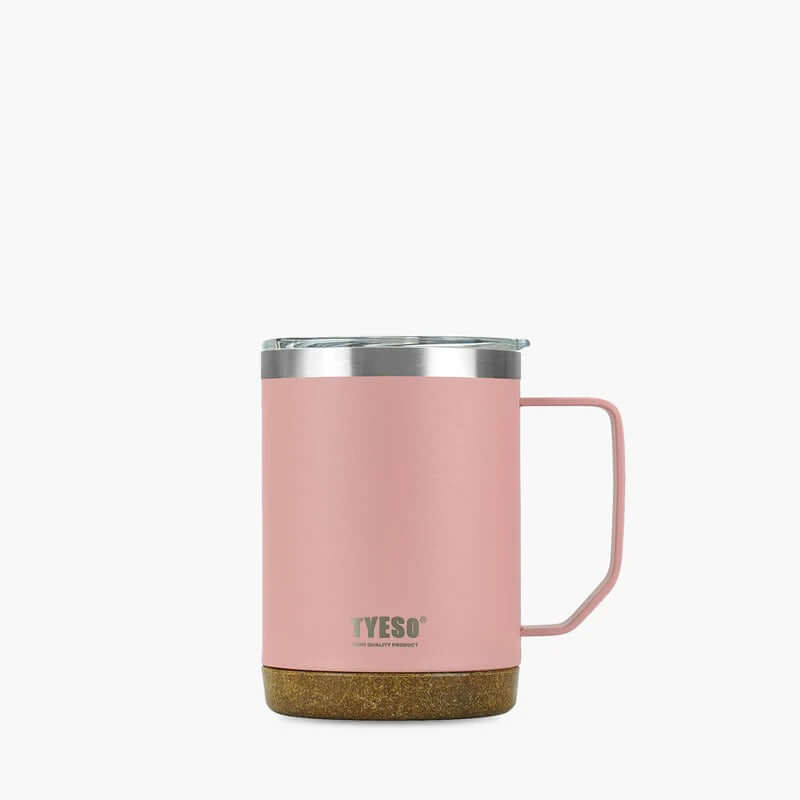 TYESO 18oz Coffee Mug in pink with a cork bottom, perfect for hot and cold beverages, ideal corporate gift.