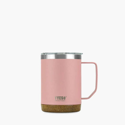 TYESO 18oz Coffee Mug in pink with a cork bottom, perfect for hot and cold beverages, ideal corporate gift.