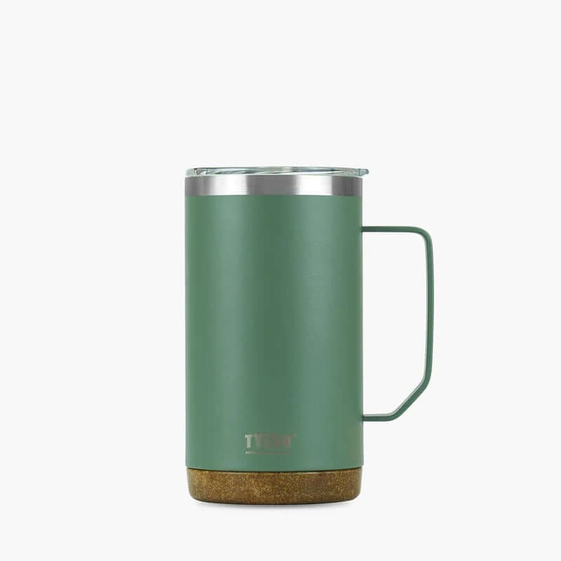 TYESO 24oz Coffee Mug in green color with cork base and sliding lid, ideal for hot and cold beverages.