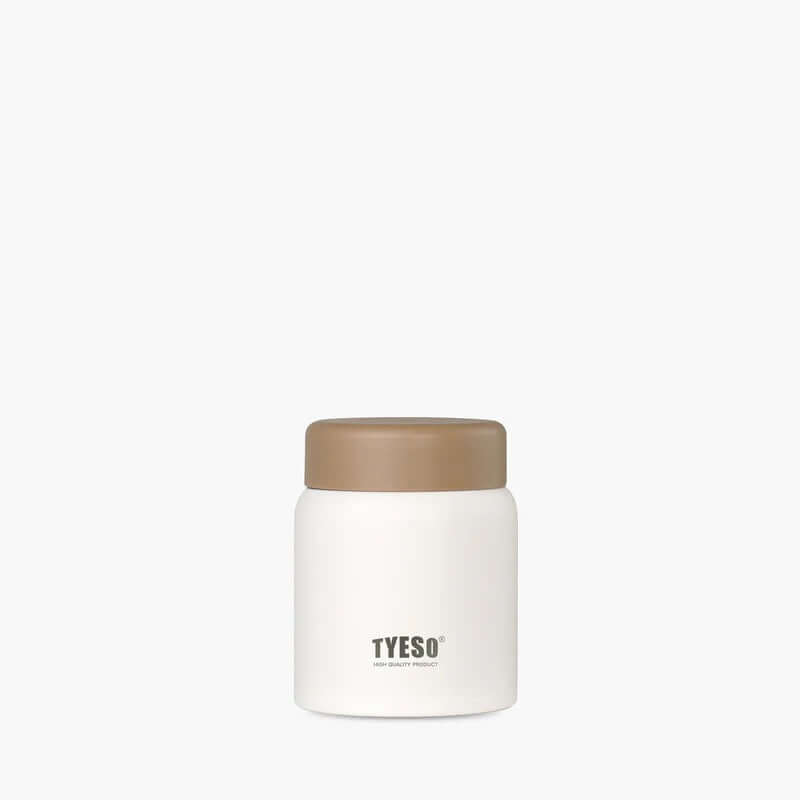 TYESO Small Food Jar 7oz in sleek white design with brown lid, perfect for corporate gift and food storage.