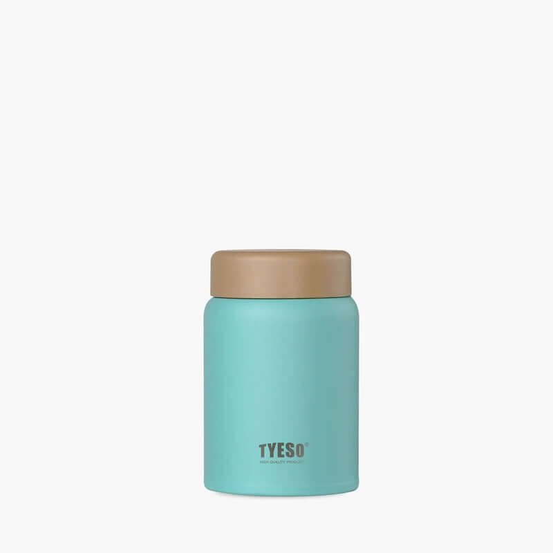TYESO Small Food Jar 9oz in mint green with a brown lid, perfect for snacks and meals on the go.