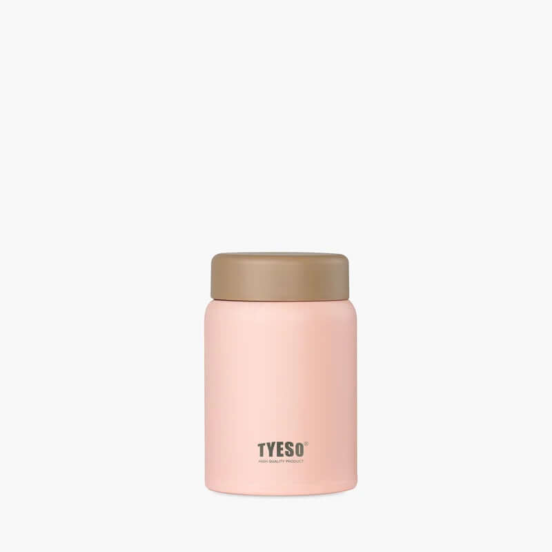 TYESO Small Food Jar 9oz in pink with a brown lid, perfect for snacks and soups, ideal corporate gift.