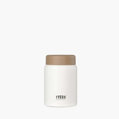 TYESO Small Food Jar 9oz in white with brown lid, perfect for snacks or soups on-the-go.