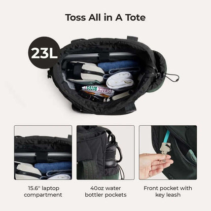 Bagsmart Vega Featherlight Tote Bag 23L showcasing 15.6" laptop compartment and front pocket with key leash.