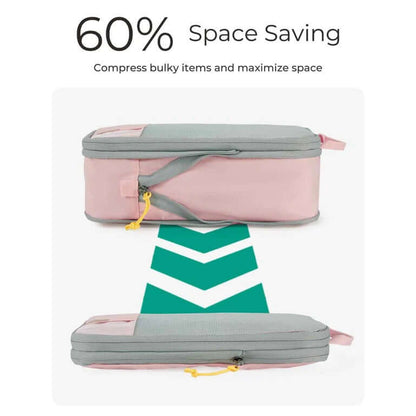 Bagsmart 6-In-1 Compression Packing Cubes showing 60% space saving features for travel organization.