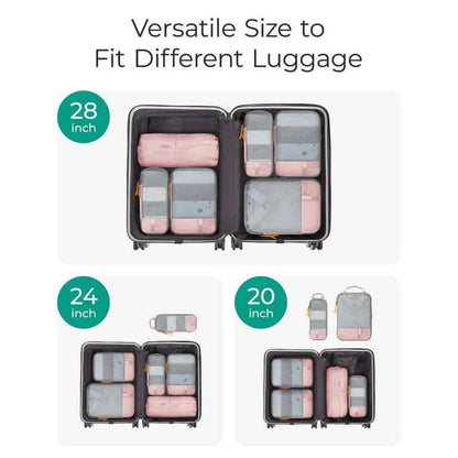 Bagsmart 6-In-1 Compression Packing Cubes displayed in different suitcase sizes for versatile travel organization.