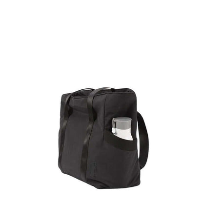 Bagsmart Zoraesque Tote in black with a water bottle in side pocket, ideal for work, school, or casual outings.