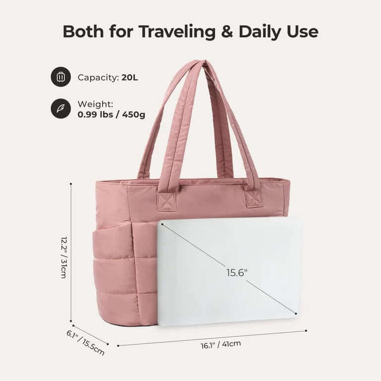 Bagsmart Zora Puffy Tote 20L in pink with laptop compartment, ideal as a corporate gift and for daily use.