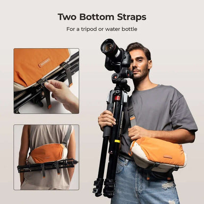 Bagsmart Soar Camera Sling Bag With Tripod Holder 6L showing two bottom straps for tripod and water bottle.
