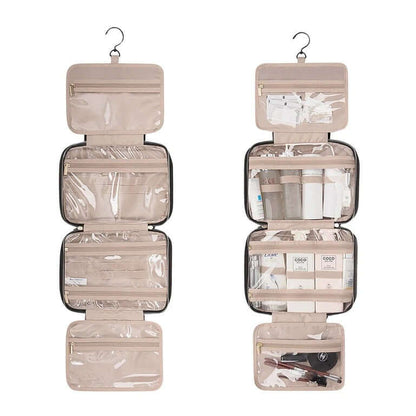Bagsmart The Space Saver Toiletry Bag hanging open with transparent compartments, ideal for travel organization.