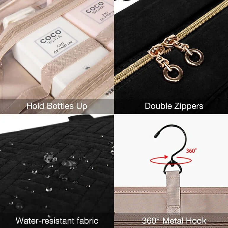 Bagsmart The Space Saver Toiletry Bag features double zippers, water-resistant fabric, and a 360° metal hook.