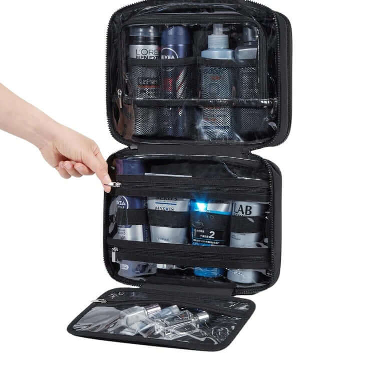 Bagsmart Zora Spacesaver Puffy Multi-Functional Toiletry Bag showing organized travel essentials in compartments.