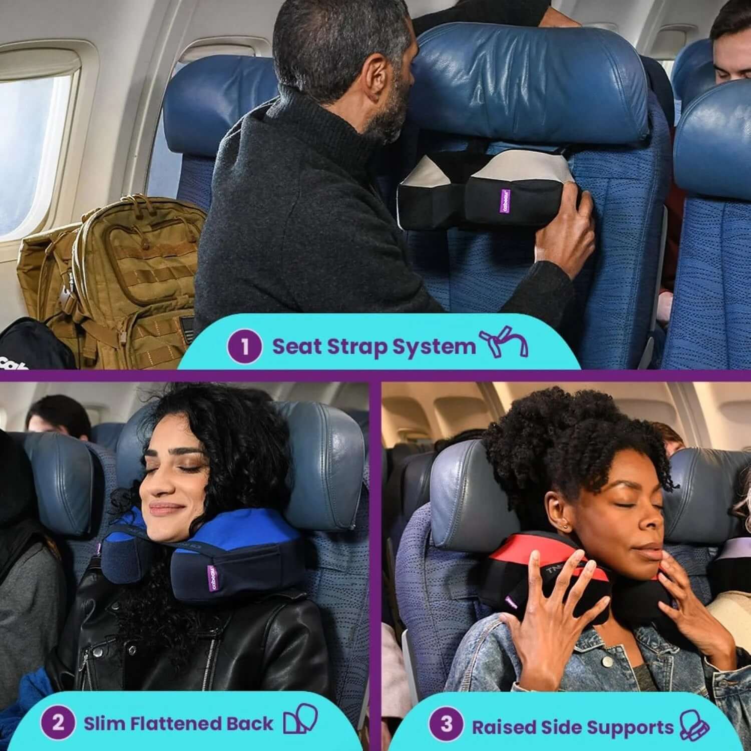 Cabeau TNE S3 Travel Neck Pillow features: Seat Strap System, Slim Flattened Back, Raised Side Supports.