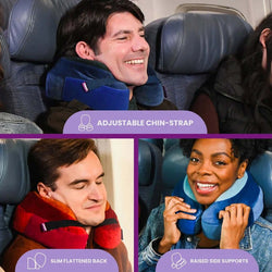 Cabeau Evolution Earth Travel Pillow features adjustable chin strap, slim flattened back, and raised side supports for comfort.