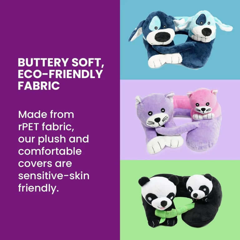 Cabeau Evolution Kids Neck Pillow in various animal designs made from eco-friendly fabric.