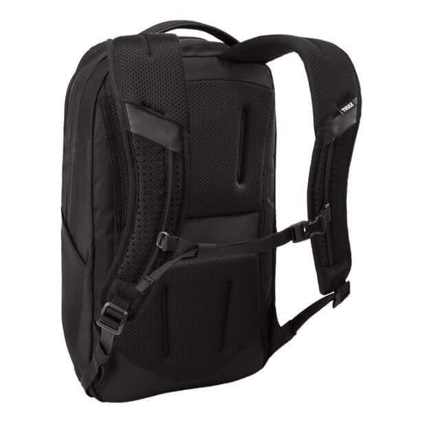 Thule Accent Recycled Backpack 20L in black, featuring padded straps and breathable back panel for comfort.