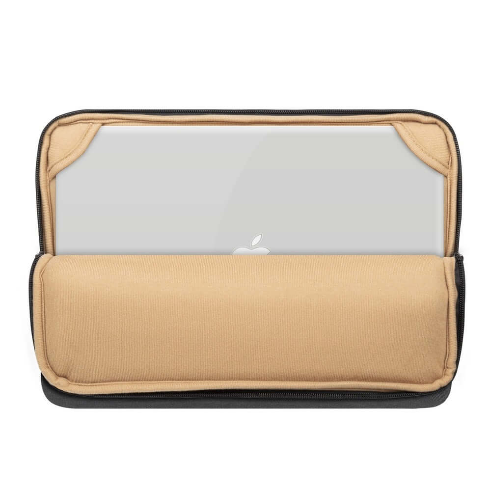 Rivacase Clark Eco Laptop Sleeve open, showcasing a sleek MacBook fit and eco-friendly design.