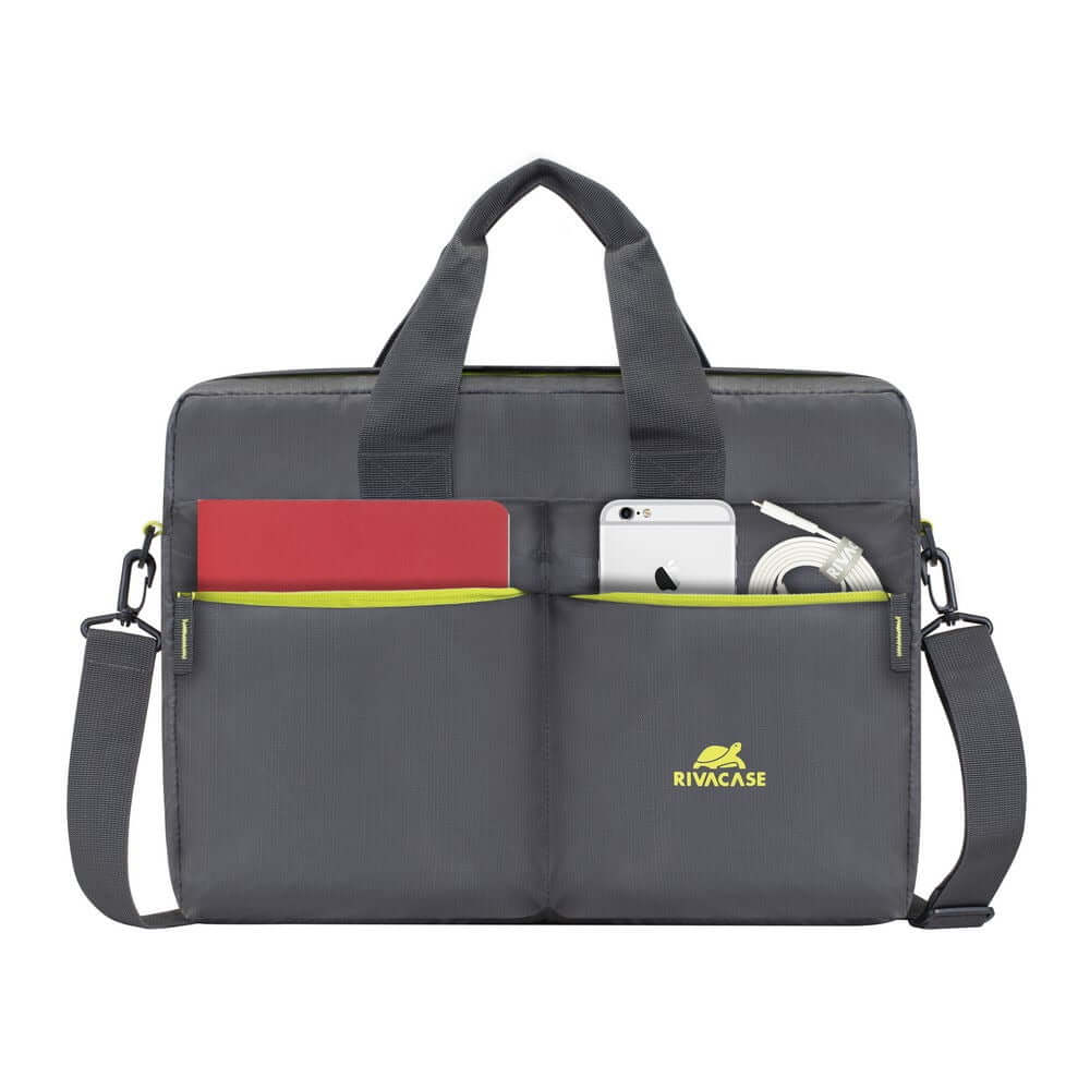 Rivacase Alpendorf Canvas Laptop Bag with multiple compartments for laptop, tablet, and accessories.