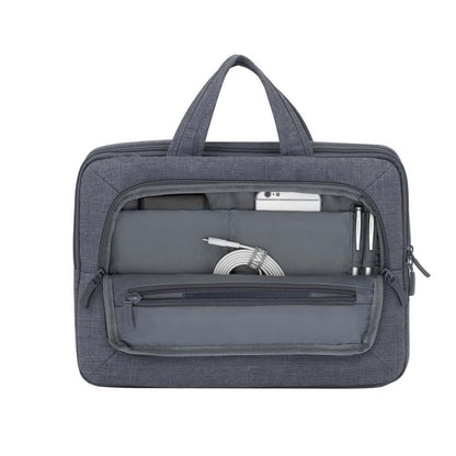 Rivacase Alpendorf Canvas Laptop Bag interior compartment with storage for laptop, tablet, phone, and cables.