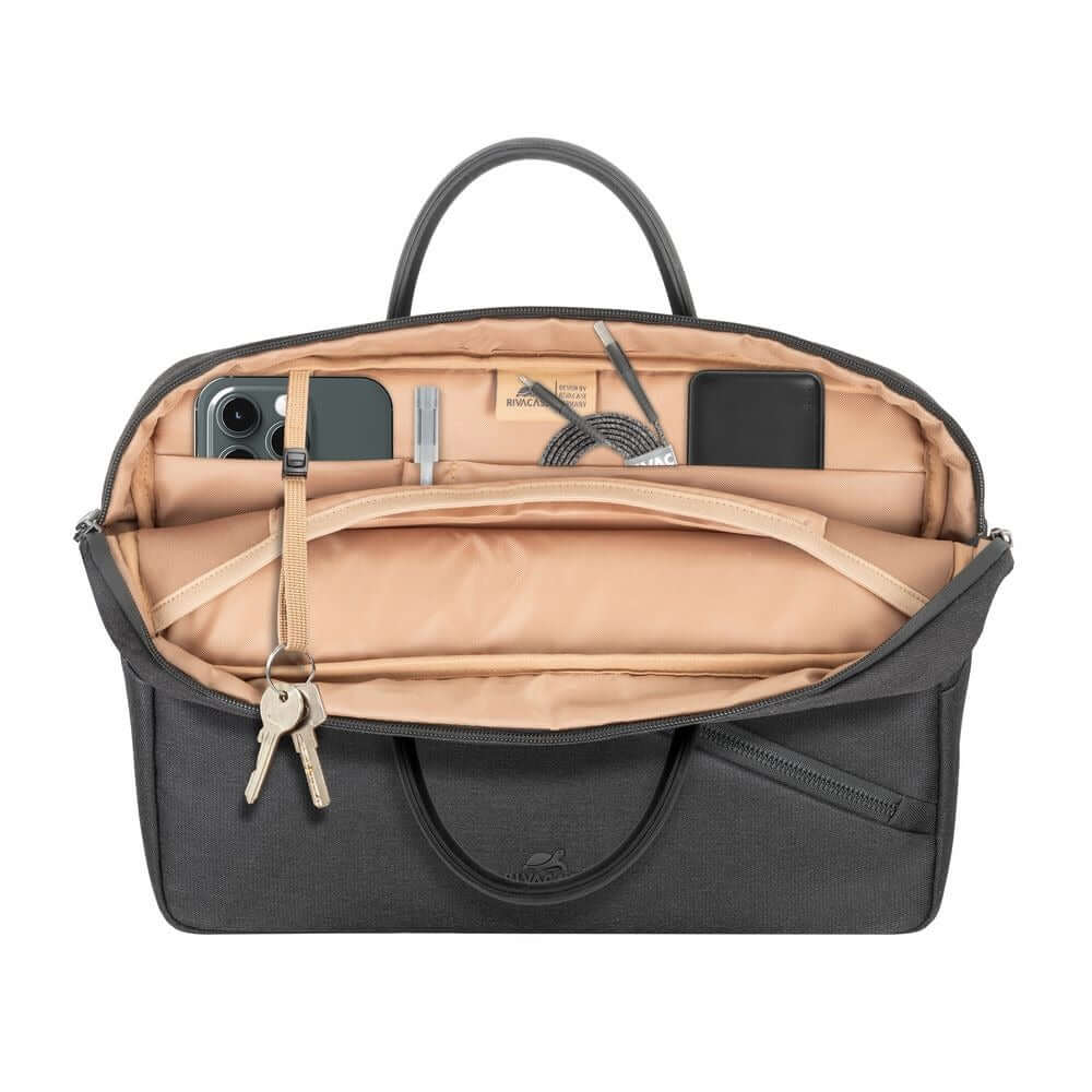 Inside view of the Rivacase Clark Eco Laptop Bag showing compartments for devices and accessories.