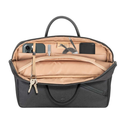 Inside view of the Rivacase Clark Eco Laptop Bag showing compartments for devices and accessories.