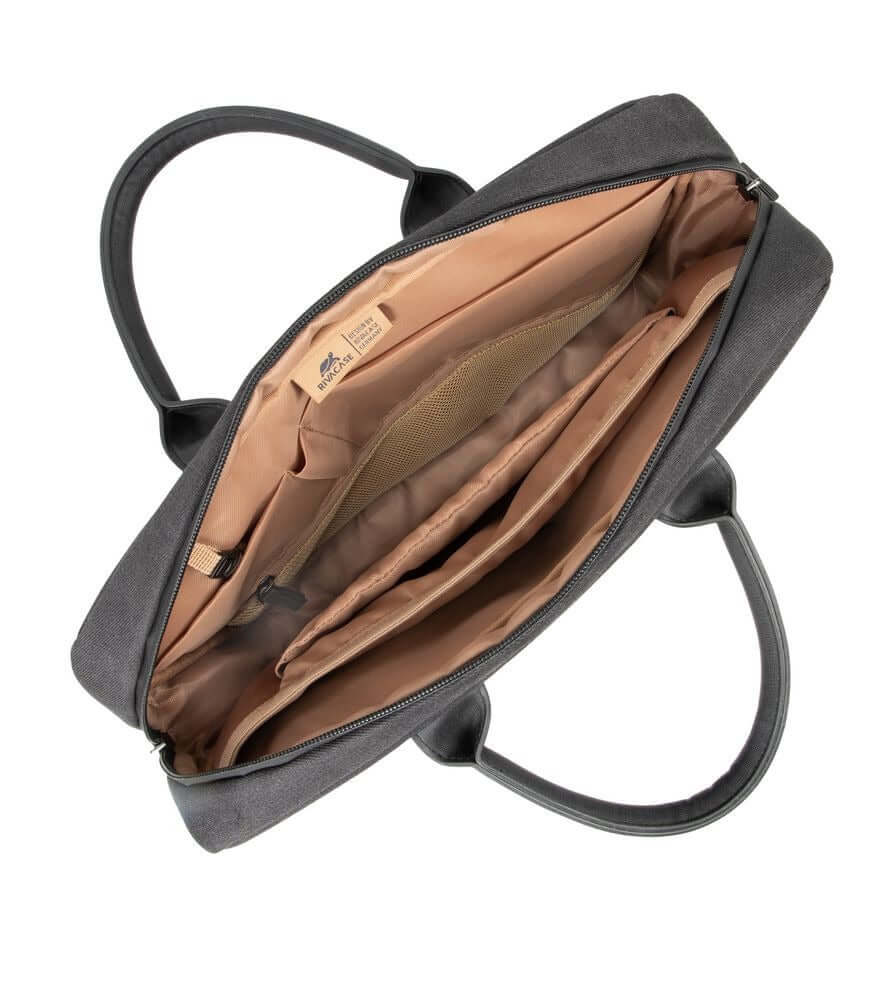 Interior view of the Rivacase Clark Eco Laptop Bag with compartments for organization.