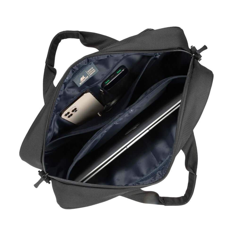 Interior view of Rivacase Regel Top Loader Eco Laptop Bag 14" showing laptop and accessories.