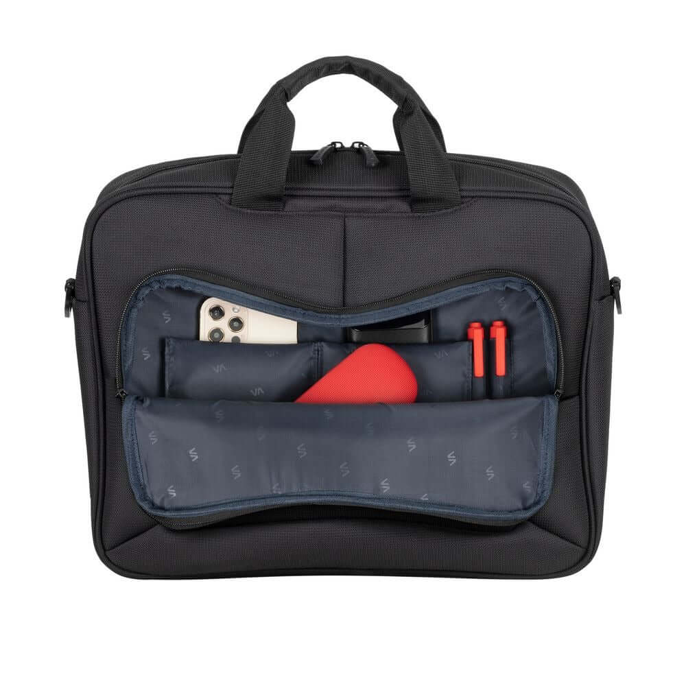 Rivacase Regel Top Loader Eco Laptop Bag 14" showcasing storage compartments and pockets for accessories.