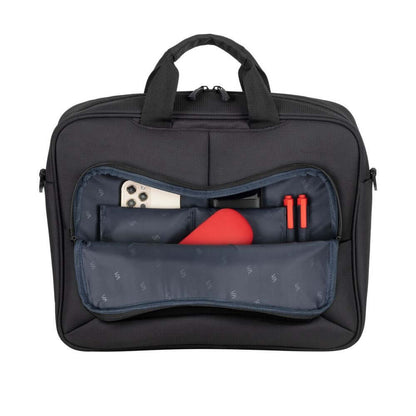 Rivacase Regel Top Loader Eco Laptop Bag 14" showcasing storage compartments and pockets for accessories.