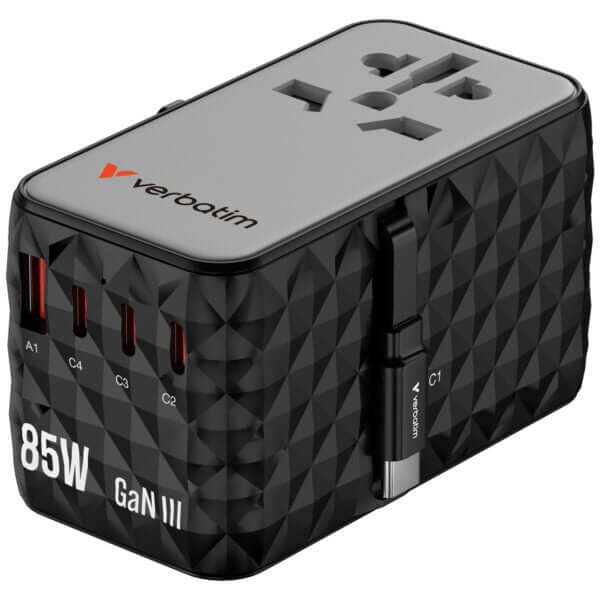 Verbatim Charge ‘n’ Travel Diamond 85W Universal Travel Adapter with Retractable Cable (CNT-02) side view showing ports.