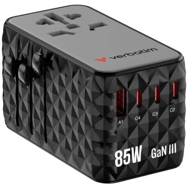 Verbatim Charge ‘n’ Travel Diamond 85W Universal Travel Adapter with Retractable Cable (CNT-02) close-up on white background.