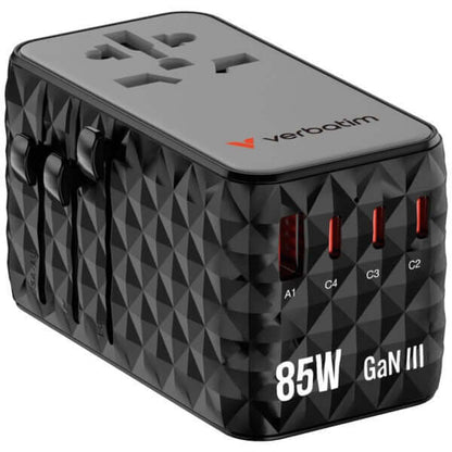 Verbatim Charge ‘n’ Travel Diamond 85W Universal Travel Adapter with Retractable Cable (CNT-02) close-up on white background.