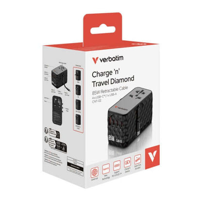 Verbatim Charge ‘n’ Travel Diamond 85W Universal Travel Adapter with Retractable Cable (CNT-02) packaging.