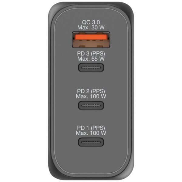 Verbatim 4 Port 100W PD 3.0 & QC 3.0 GaN Travel Charger ports and specifications