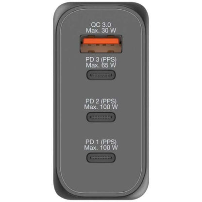 Verbatim 4 Port 100W PD 3.0 & QC 3.0 GaN Travel Charger ports and specifications