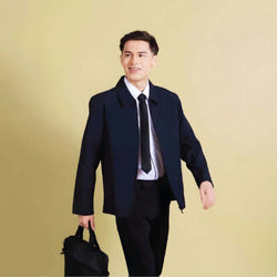 Man in Unisex Corporate Jacket walking with a bag, styled for a professional look in Singapore.