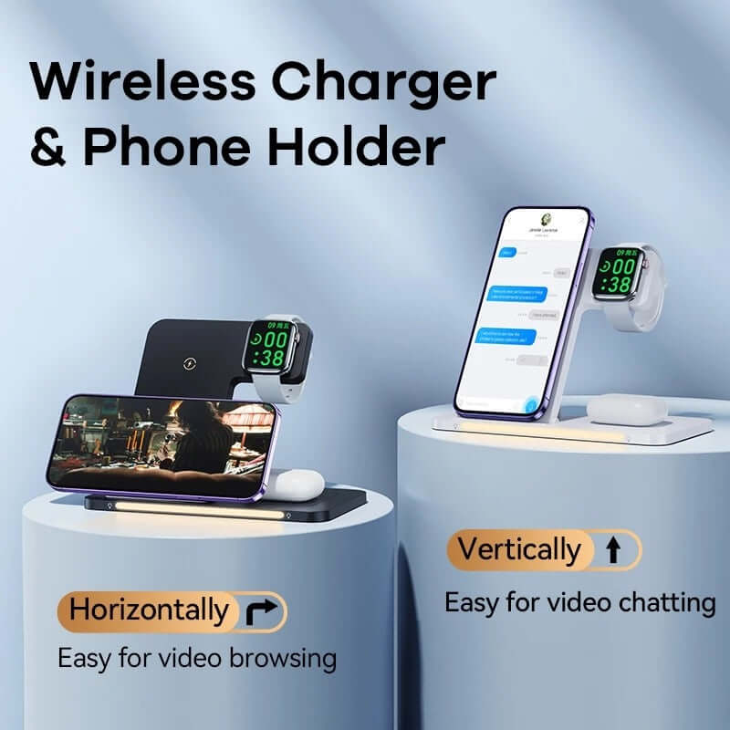 Remax Foldable Wireless Charger showing wireless charging for phones and watches, ideal as a corporate gift in Singapore.