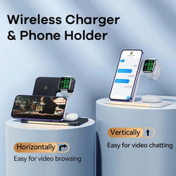 Remax Foldable Wireless Charger showing wireless charging for phones and watches, ideal as a corporate gift in Singapore.