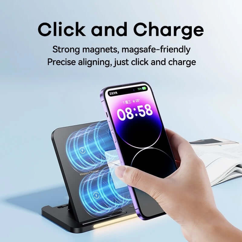 Remax Foldable Wireless Charger with strong magnets for quick device charging.